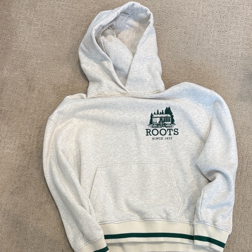 Roots white Hoodie with Forest Green Logo and green detailing